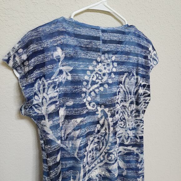 French Blue T Shirt Womens Size Petite Large Floral Stripe Short Sleeve Summer - Picture 10 of 11